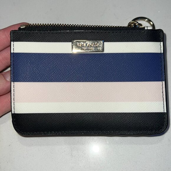 Kate Spade Laurel Way Bitsy Card Holder Zip Top with Keyring Blue Pink Stripe - Picture 2 of 10